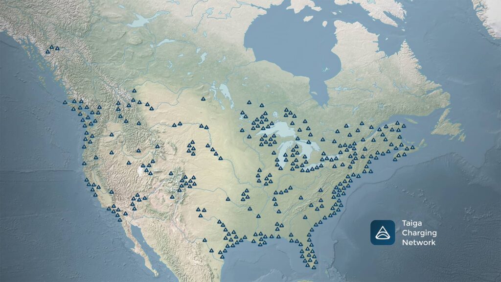 מפה המציגה את פריסת רשת עמדות הטעינה המהירות המתוכננת של חברת טייגה Taiga