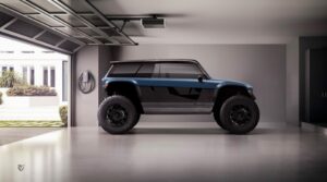 רכב שטח חשמלי Vanderhall Brawley מחובר לעמדת טעינה בבית