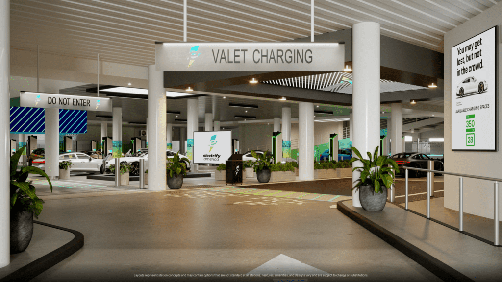 שלט המכריז על שירותי טעינה (valet charging) המיועד למתחם הטעינה של אלקטריפיי אמריקה