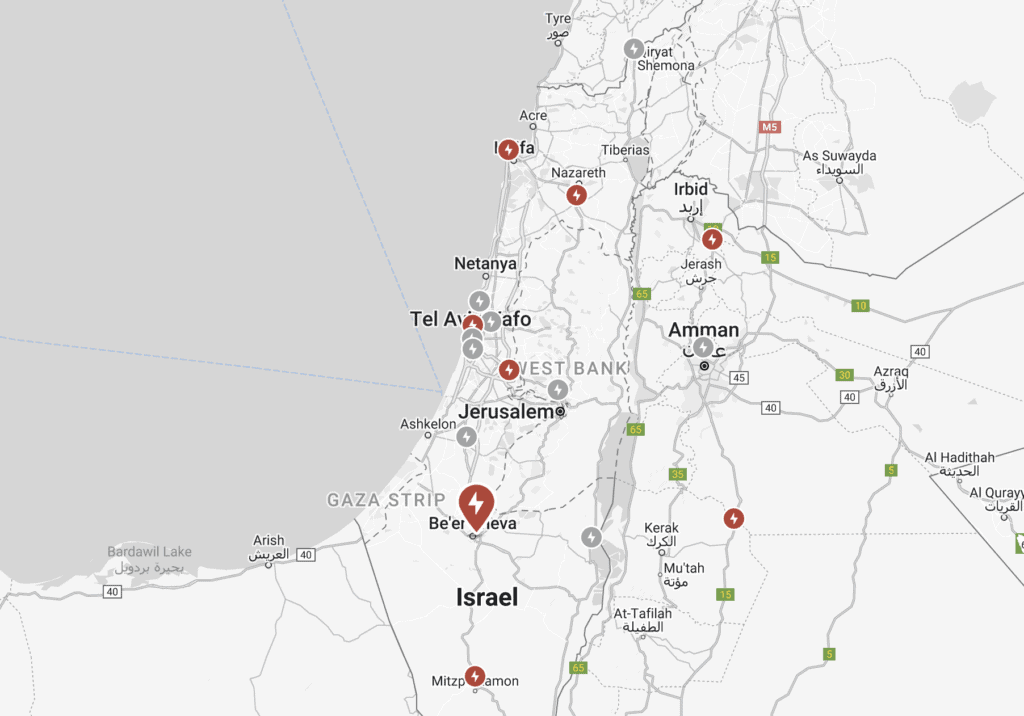 מפת עמדות הטעינה של טסלה בישראל באפריל 2022 מתוך אתר החברה