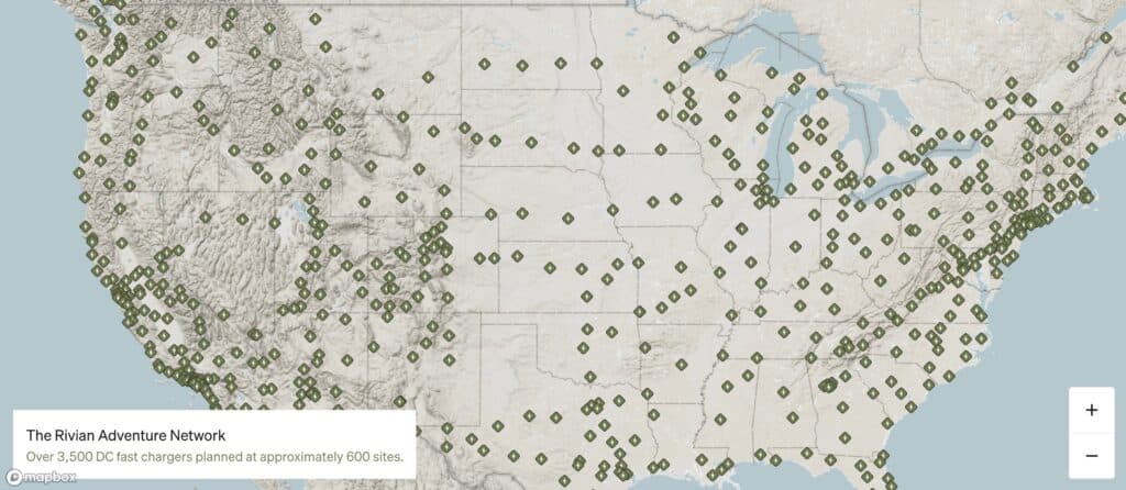 מפה עם כ-600 מיקומים ברחבי ארצות הברית לרשת הטעינה של ריביאן