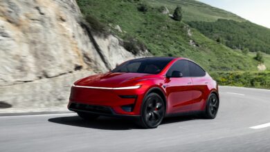 טסלה מודל Y פרפורמנס אדומה בנסיעה על כביש ההררי מפותל בין הרים ירוקים